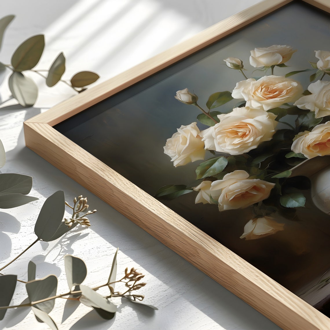 Cream Roses in a Ceramic Vase Classic Still Life Painting Poster - Image 2