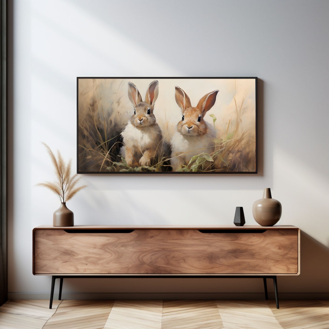 Two Bunnies in Tall Grass Vintage Spring Rabbit Meadow Poster - Image 2
