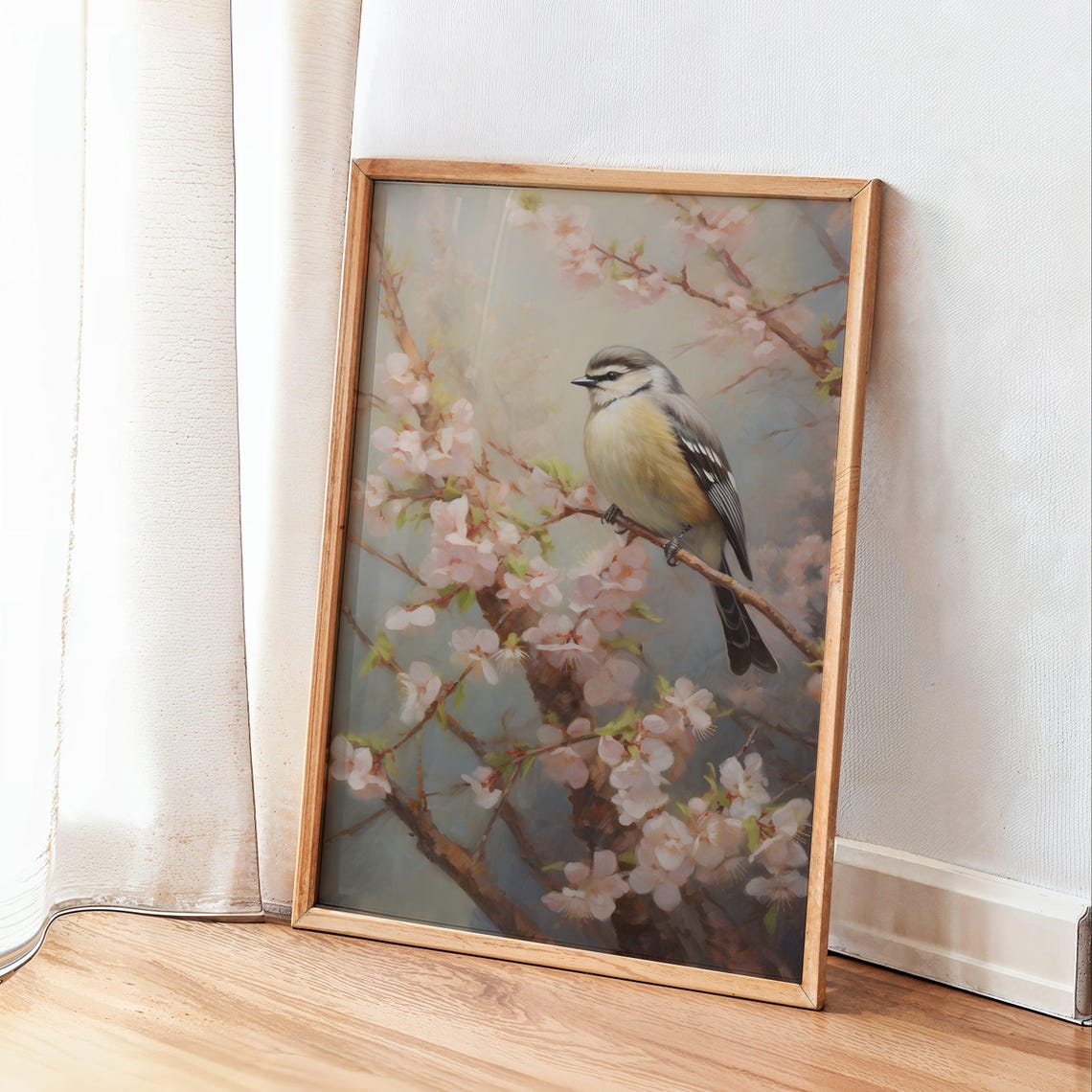 Blue Tit on a Pink Blossom Branch Charming Spring Bird Painting Poster - Image 3