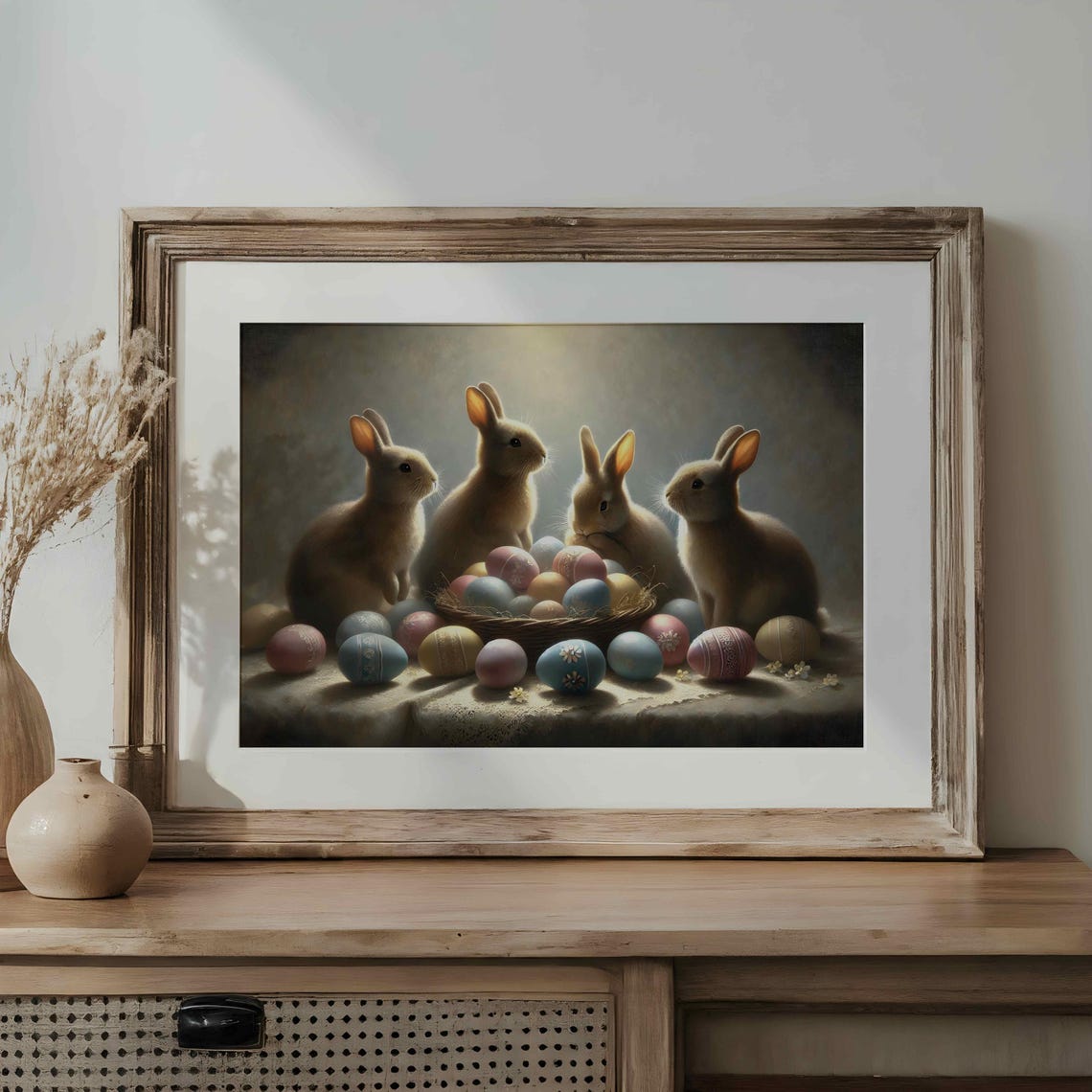 Four Rabbits With Painted Easter Eggs Moody Vintage Bunny Poster - Image 3