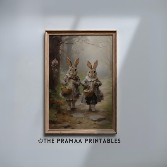 Two Bunnies in Grey Dresses With Easter Baskets Vintage Poster