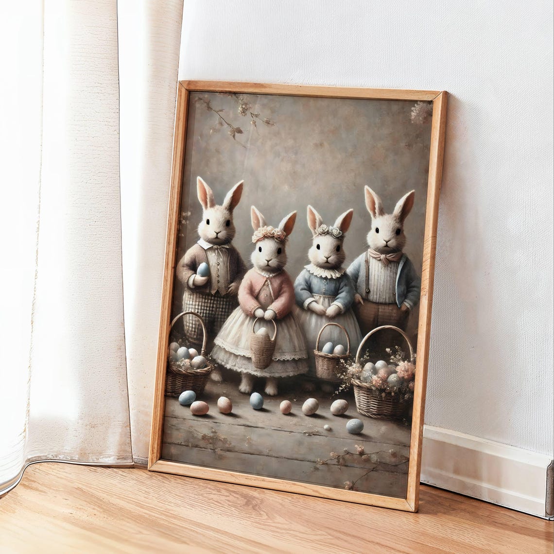 Bunny Family in Vintage Clothes Easter Eggs Spring Rabbit Poster - Image 3