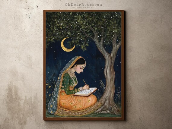 Rajasthani Princess Art Print Mughalinspired Nighttime Painting Elegant Feminine Wall Decor Mystical Artwork For Home