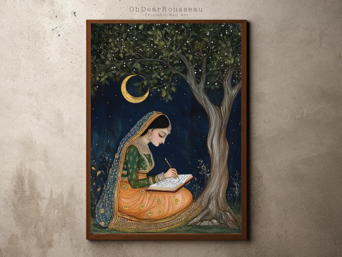 Rajasthani Princess Writing at Night Indian Royal Mughal Art Poster