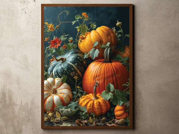 Vintage Pumpkin Painting Rustic Farmhouse Print Flowers Still Life Botanical Oil Antique Halloween Autumn