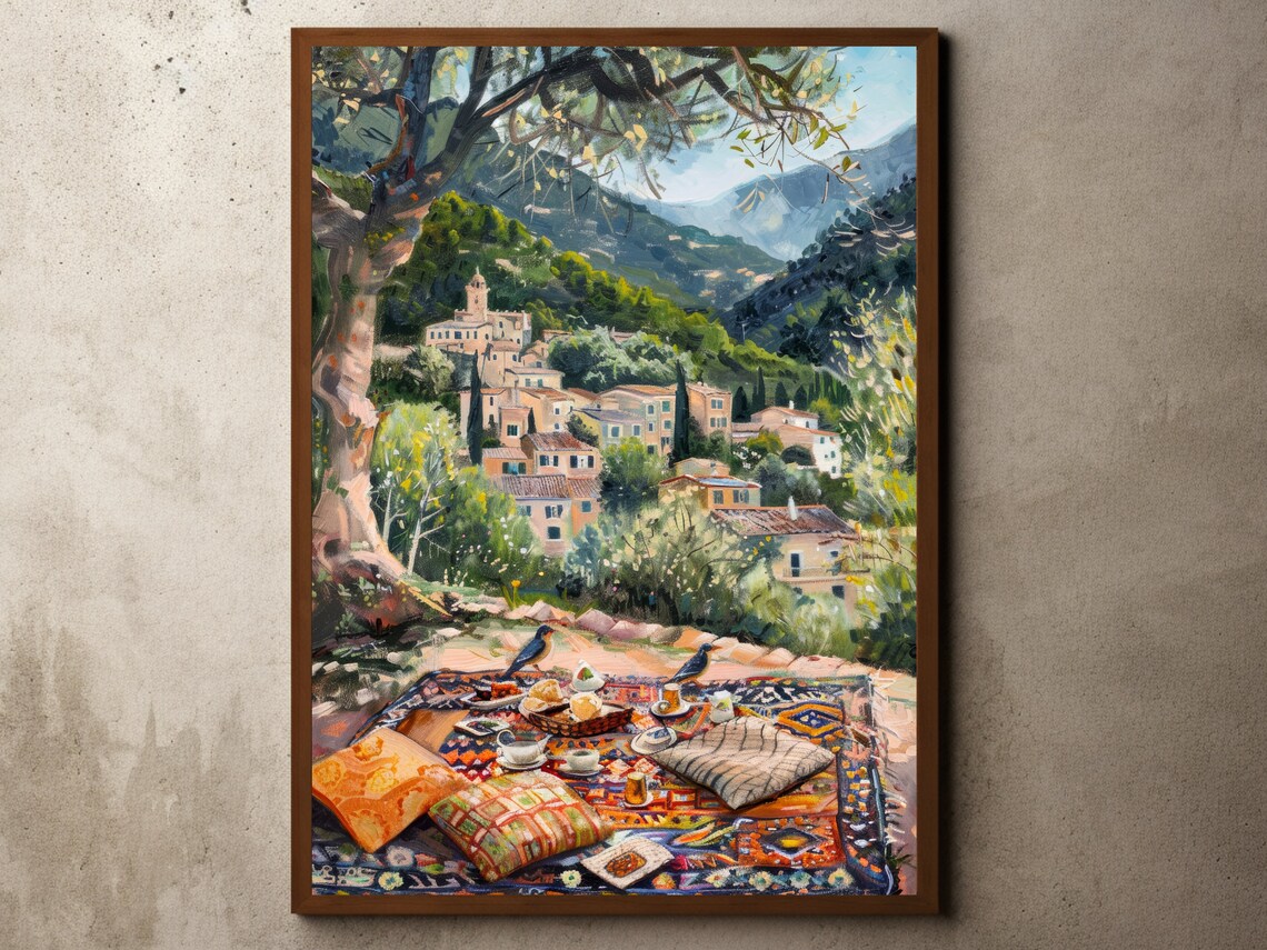 Vintage Hillside Village Picnic Oil Painting Style Travel Poster
