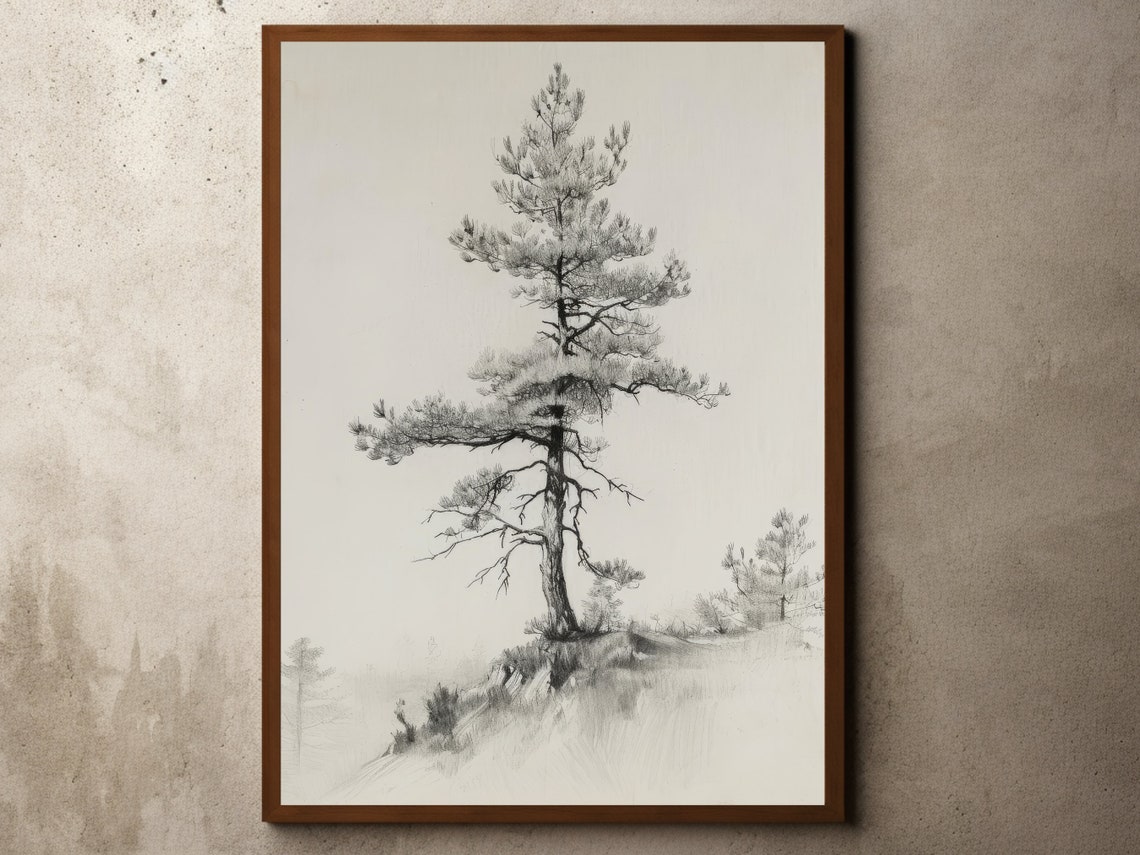 Lone Pine Tree Pencil Sketch Neutral Nature Landscape Wall Art
