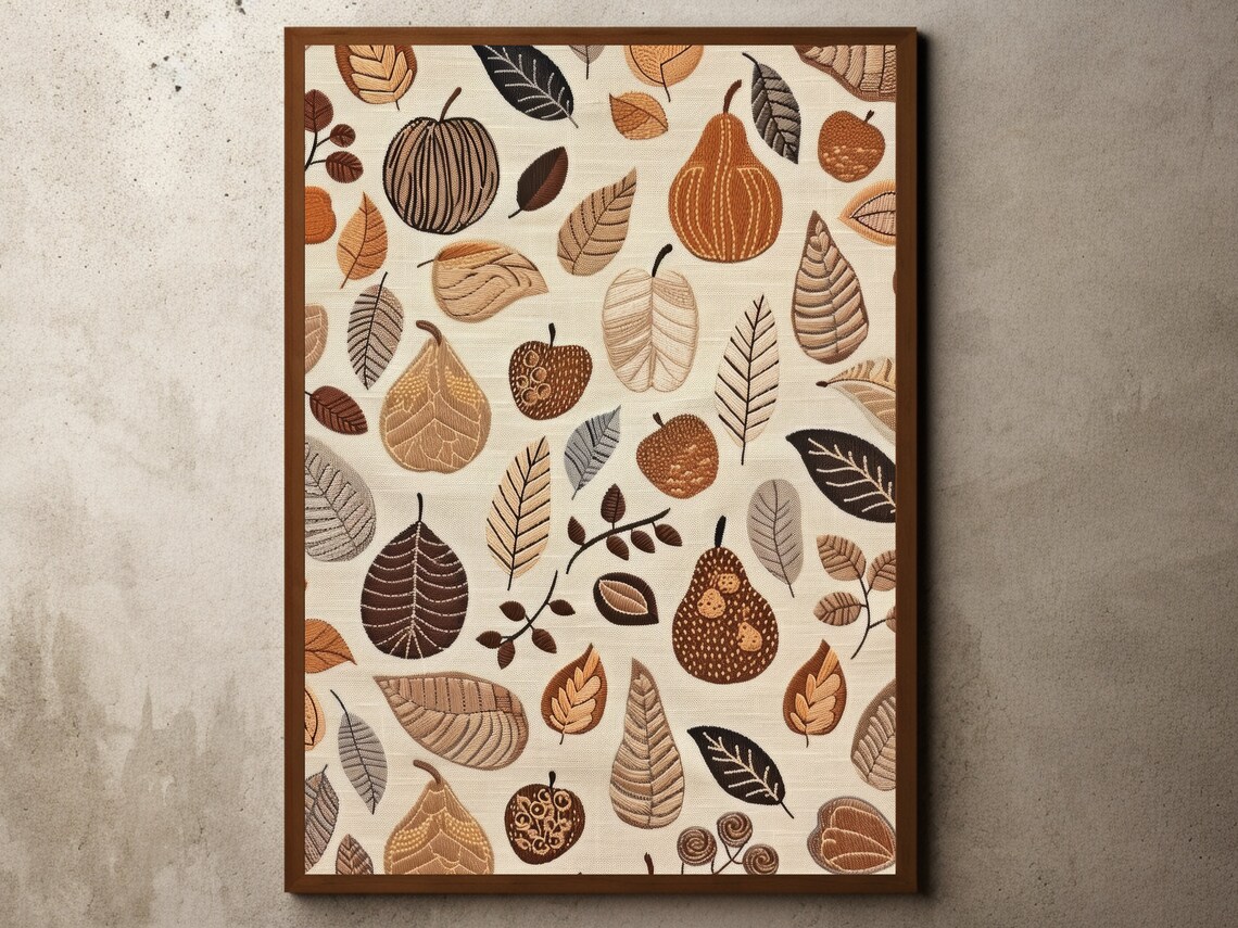 Autumn Leaves and Pears Rustic Textile Pattern Neutral Decor Art Poster