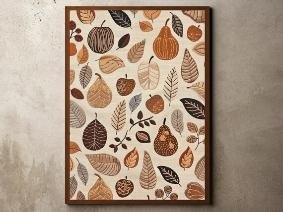 Autumn Leaves and Pears Rustic Textile Pattern Neutral Decor Art Poster