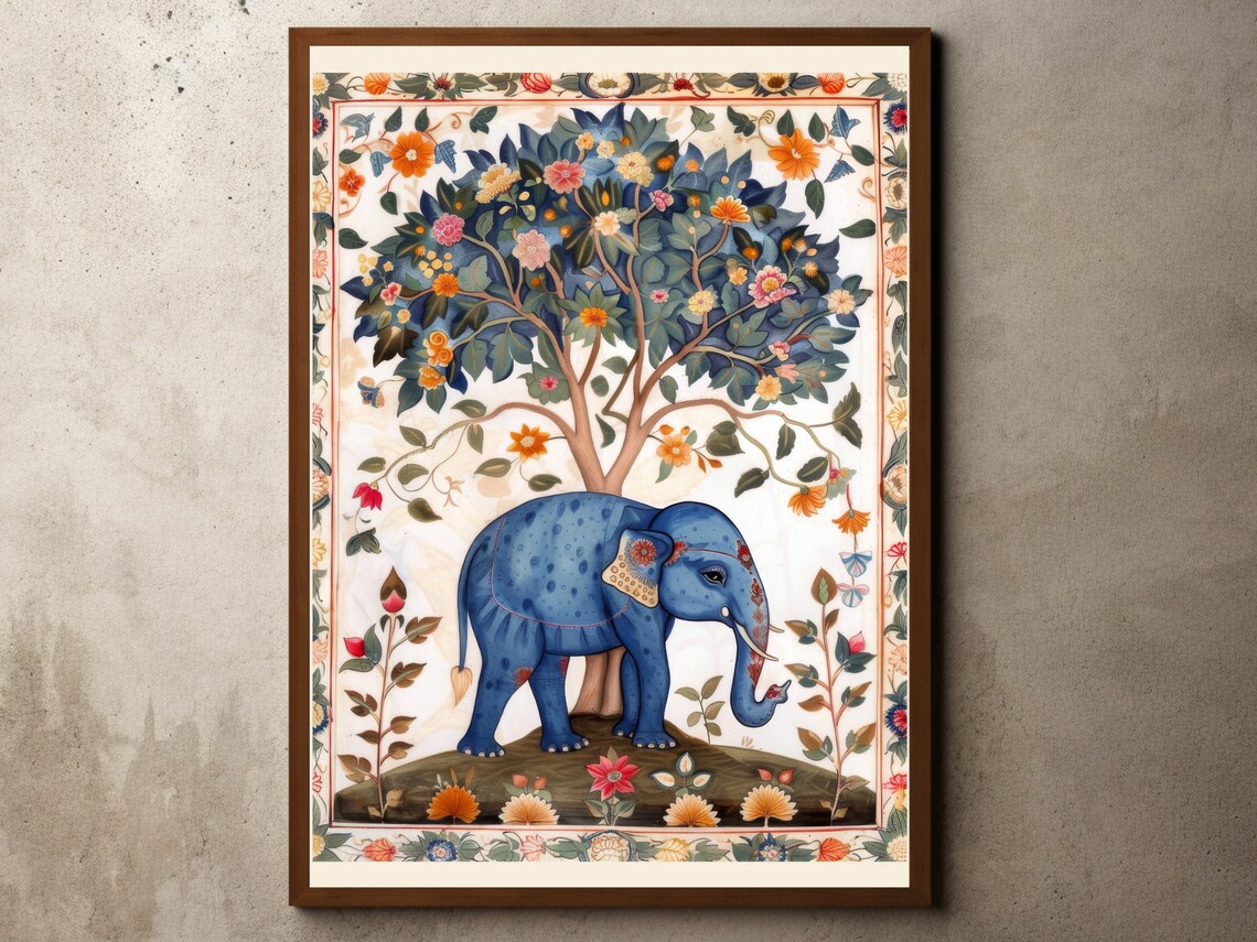 Blue Elephant Under Floral Tree Ornate Indian Style Vintage Art Poster