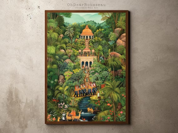Miniature Art Print Serene Forest Temple Scene Rajasthani Mughal Painting Hindu Spiritual Wall Decor Nature Wildlife