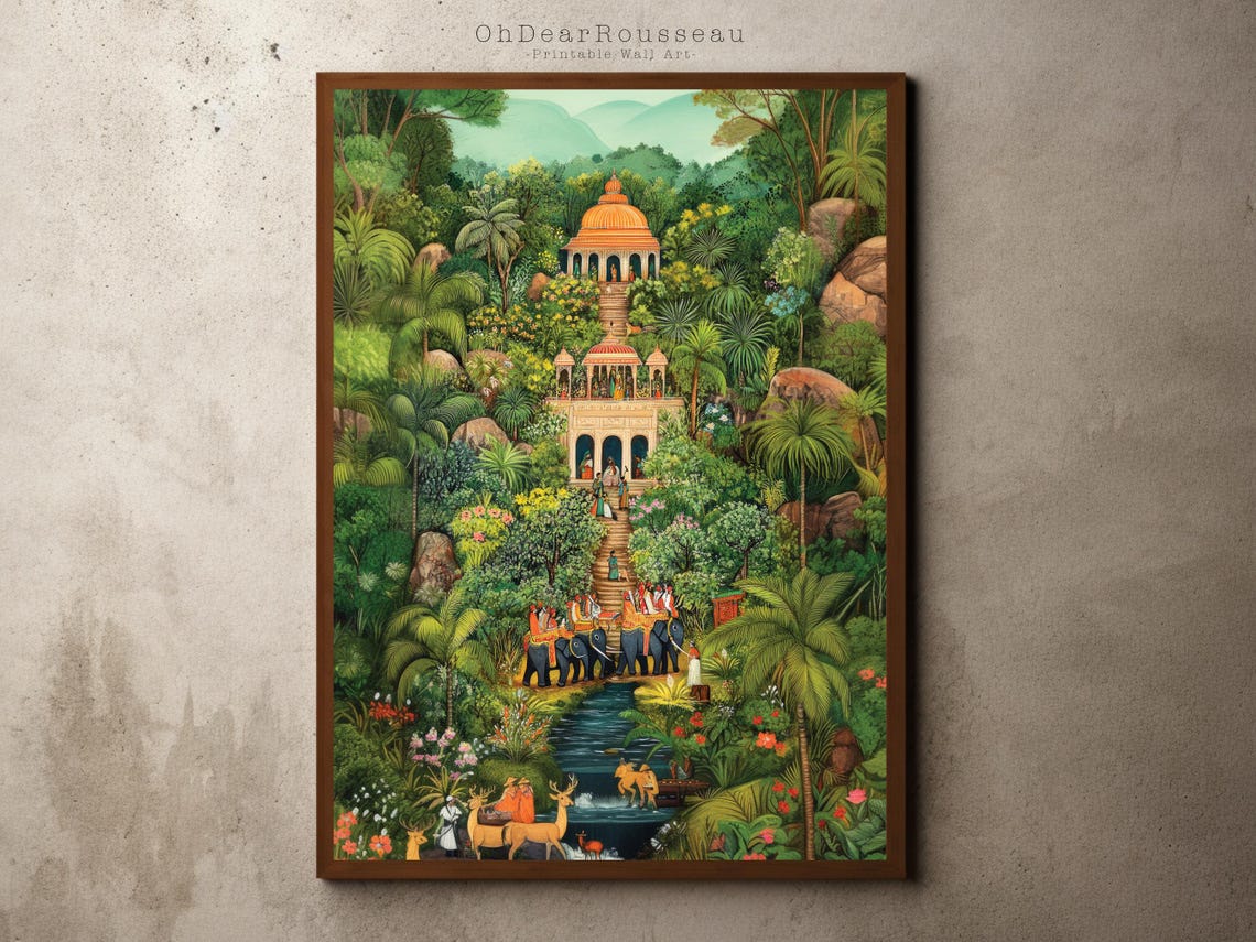 Rajasthani Jungle Temple Elephants Mughal Miniature Art Poster