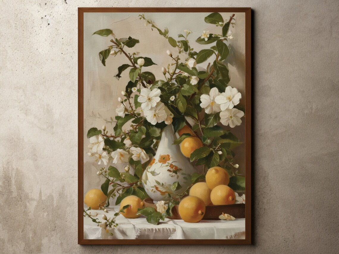 White Flowers And Bright Lemons In Vase Still Life Oil Art Poster