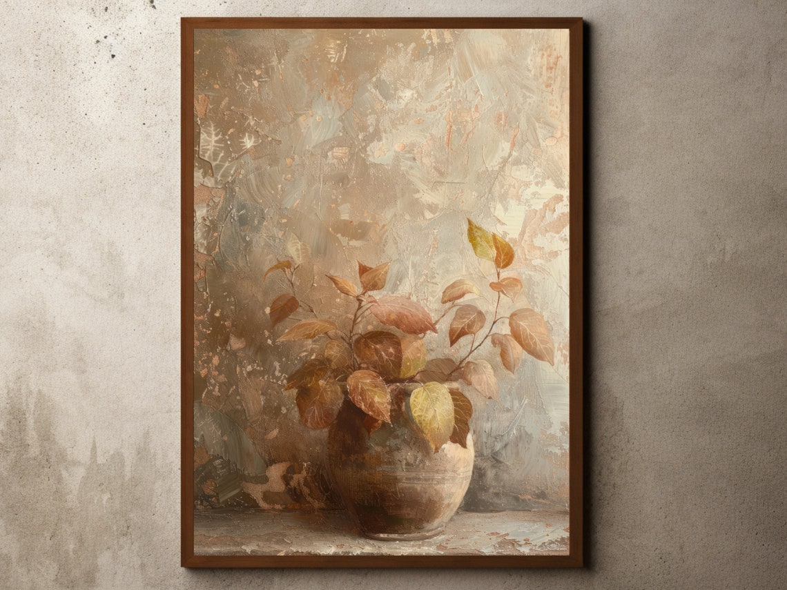 Vintage Flower Oil Painting Summer Autumn Leaves Neutral Muted Minimal Print Floral Wall Art Flowers Still Life Farmhouse Decor