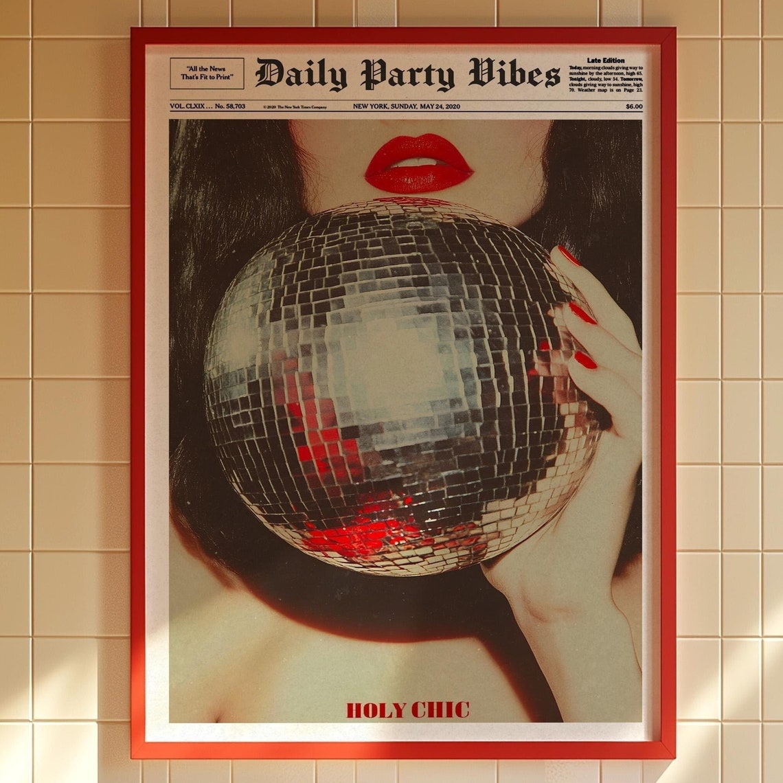 Retro Newspaper Mirrorball Daily Party Vibes Disco Glam Art Poster