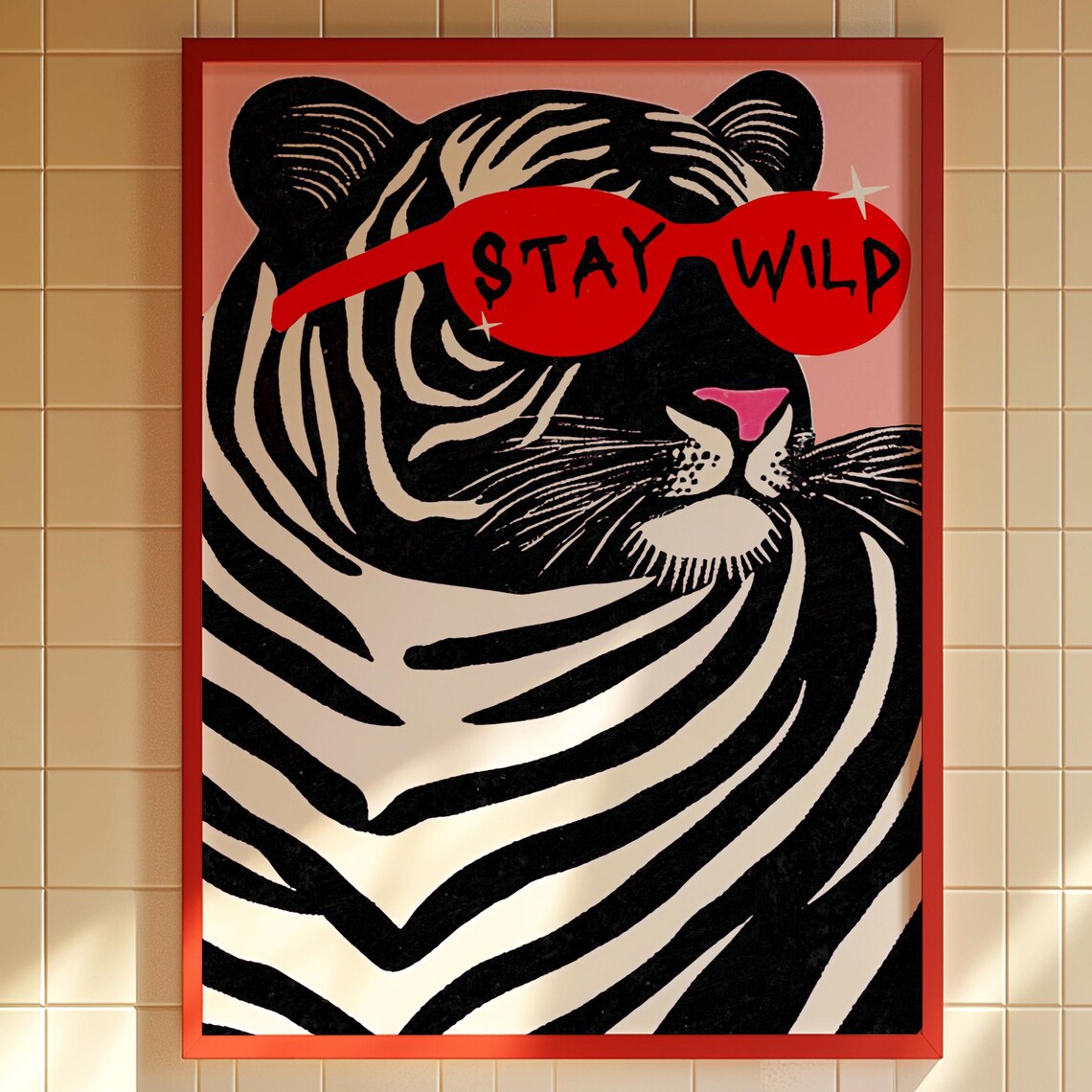 Tiger Pop Art Print Black White Red Sunglasses