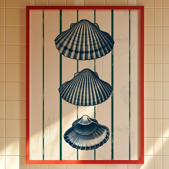Navy Seashell Botanical Striped Vintage Coastal Illustration Poster