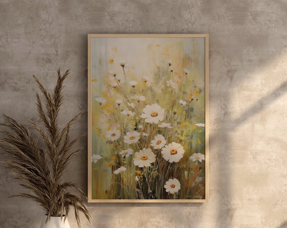 White Daisies in a Sunlit Meadow Vintage Oil Painting Art Poster