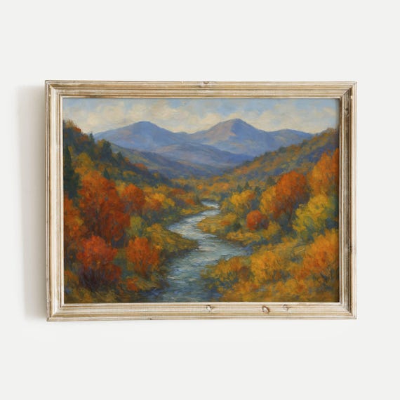 Autumn Valley River And Mountains Oil Painting Print Vintage Nature Wall Art Home Office Living Room Bedroom Decor