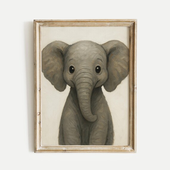 Sweet Baby Elephant Portrait Oil Painting Nursery Decor Poster