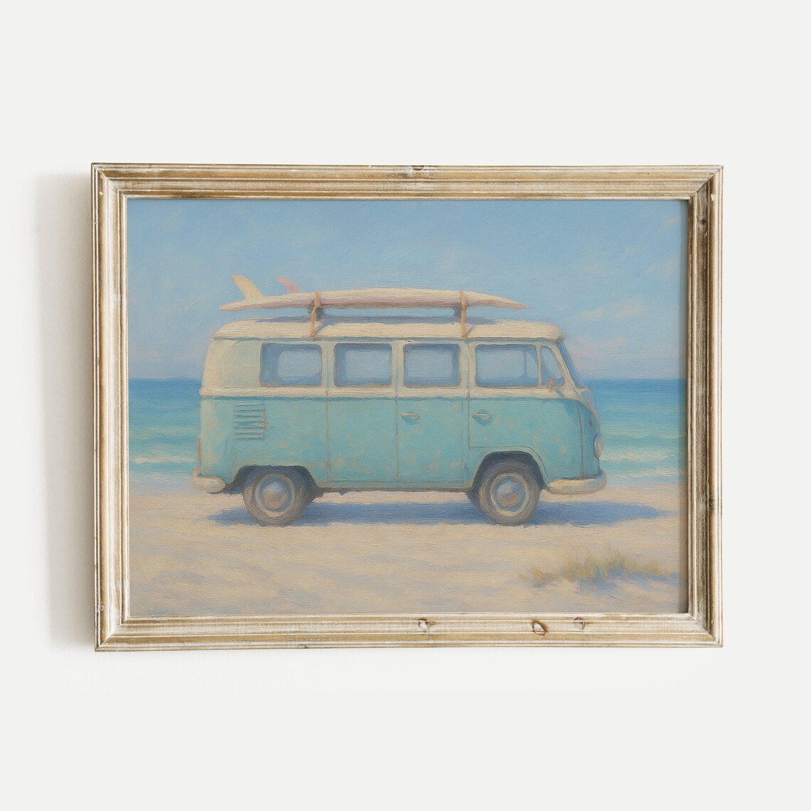 Blue Retro Surf Van Camper Beach Waves Vintage Painting Poster