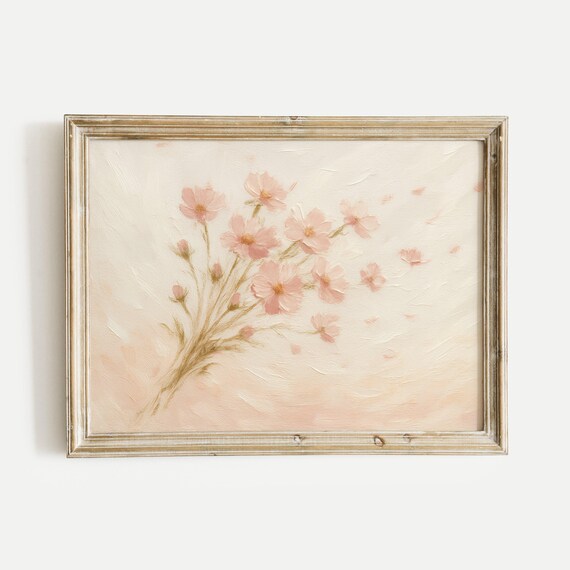 Pink Cosmos Flowers Bouquet Soft Vintage Oil Painting Art Poster