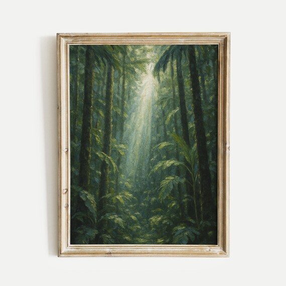 Misty Sunbeam Piercing Dark Rainforest Canopy Oil Painting Poster