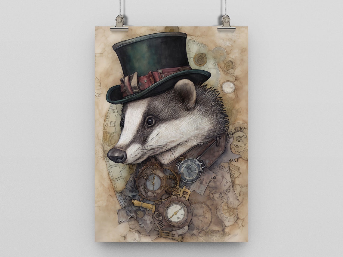 Steampunk Badger Mixed Media Style Print Poster Home Art Animal