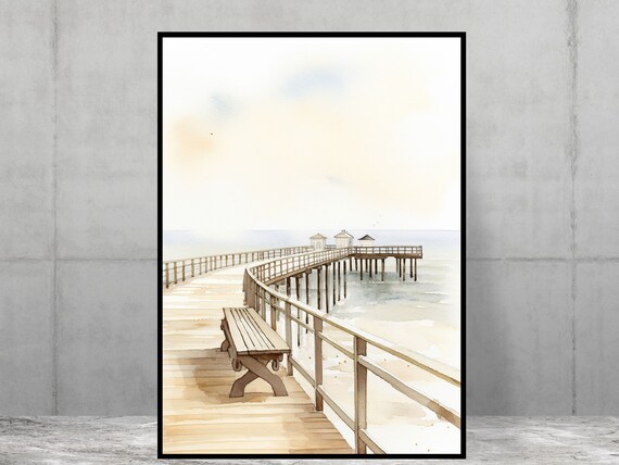 Empty Seaside Pier Watercolor Coastal Bench Serene Ocean Art Print