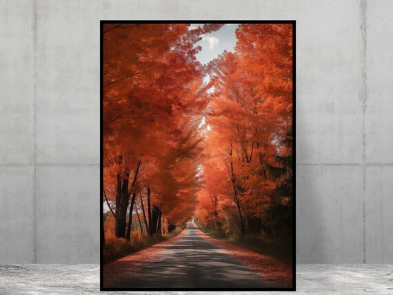 Fall Forest Red Autumn Foliage Tree Lined Road Photography Art Print