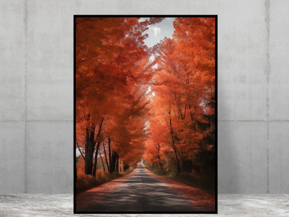 Red Tree Lined Road Perspective View Poster Print Wall Art Stunning Scenery Home