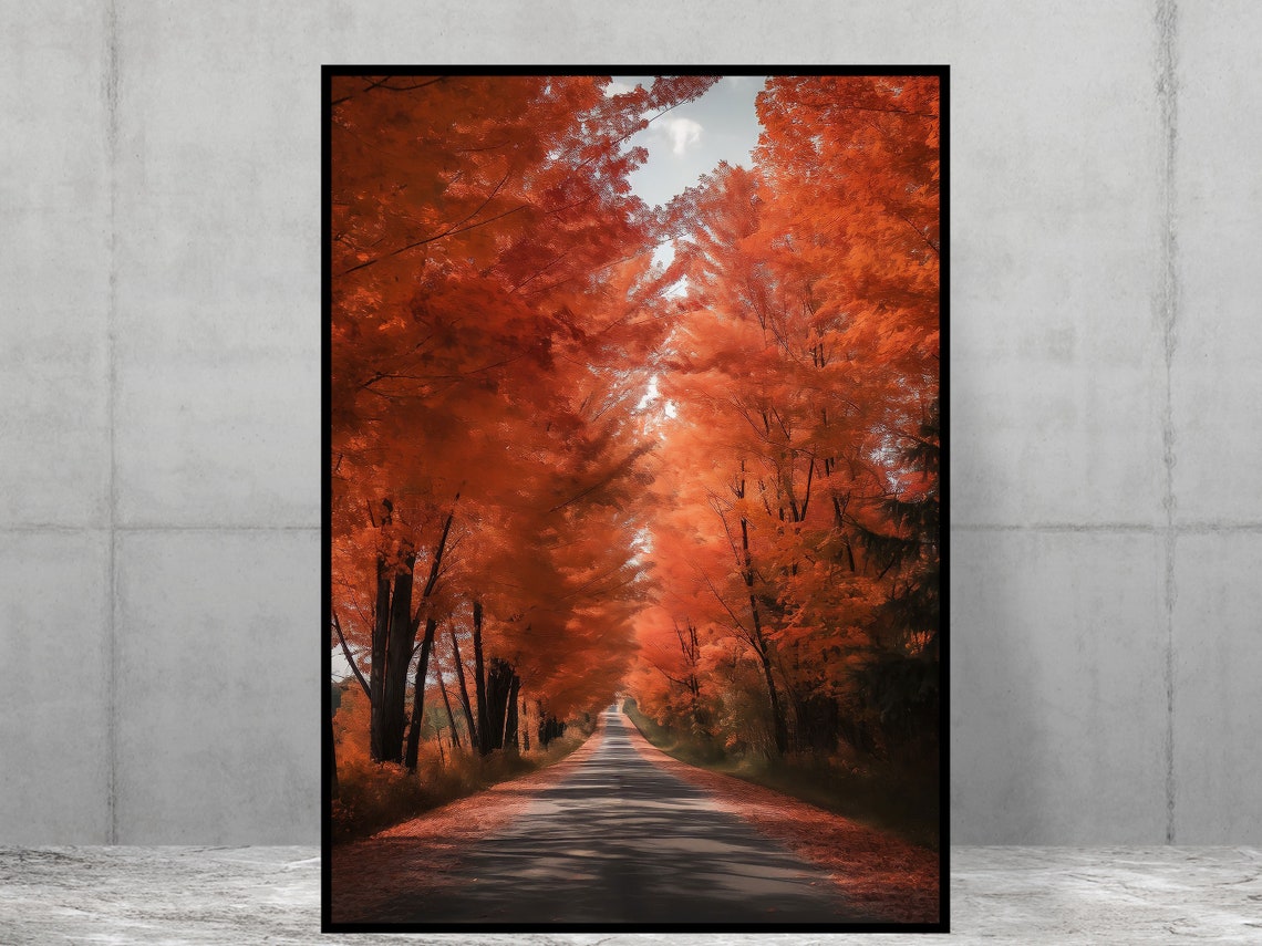 Red Tree Lined Road Perspective View Poster Print Wall Art Stunning Scenery Home
