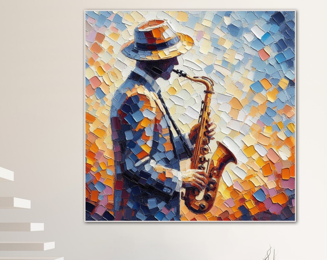Saxophonist in Hat Mosaic Jazz Musician Portrait Painting Poster