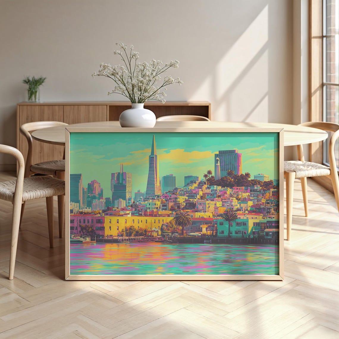 San Francisco Bay Hillside Colorful Watercolor Skyline Travel Poster