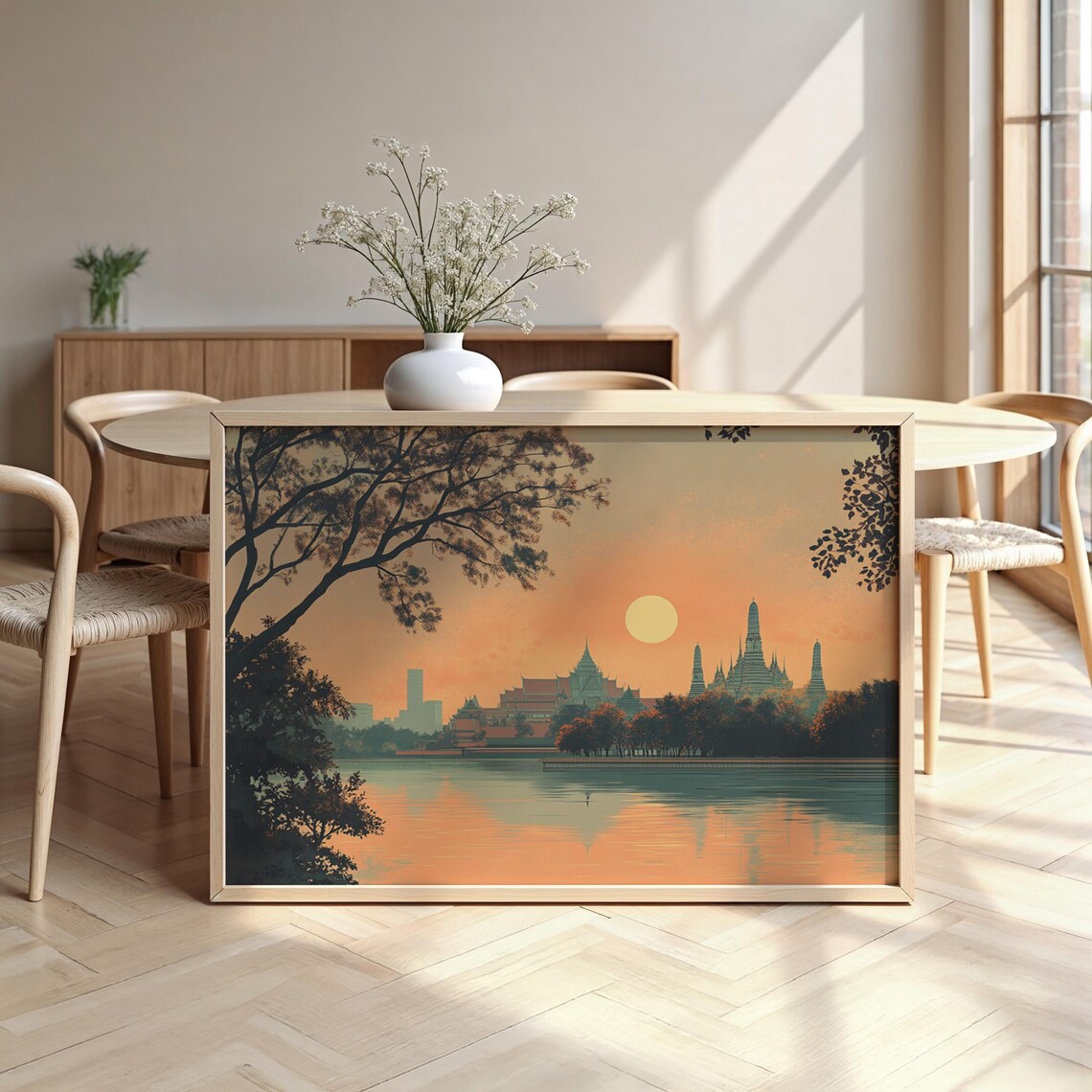 Bangkok Thailand Grand Palace River Sunset Vintage Travel Poster