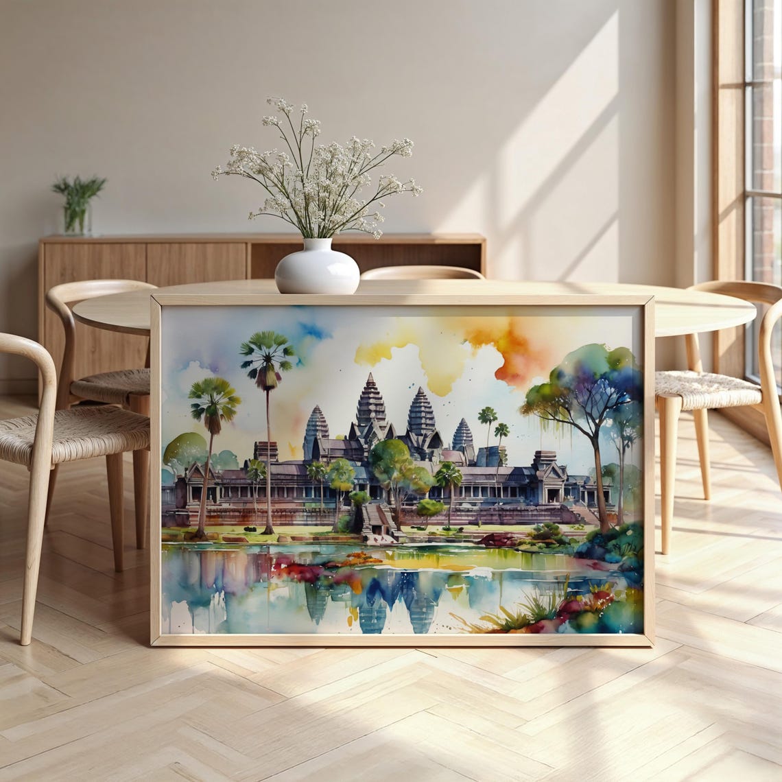 Angkor Wat Cambodia Watercolor Temple Poster with Palm Reflection