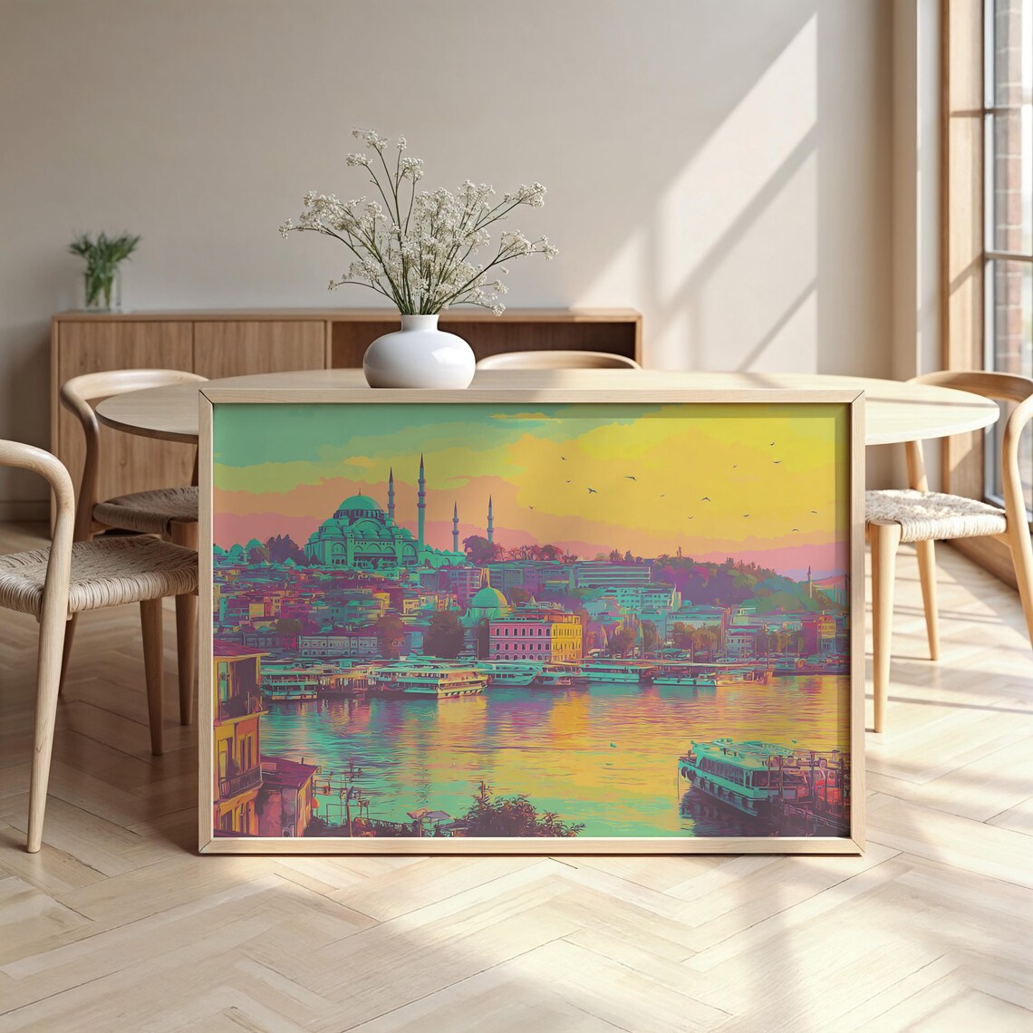 Istanbul Watercolor Bosphorus Mosque Sunset Skyline Colorful Poster