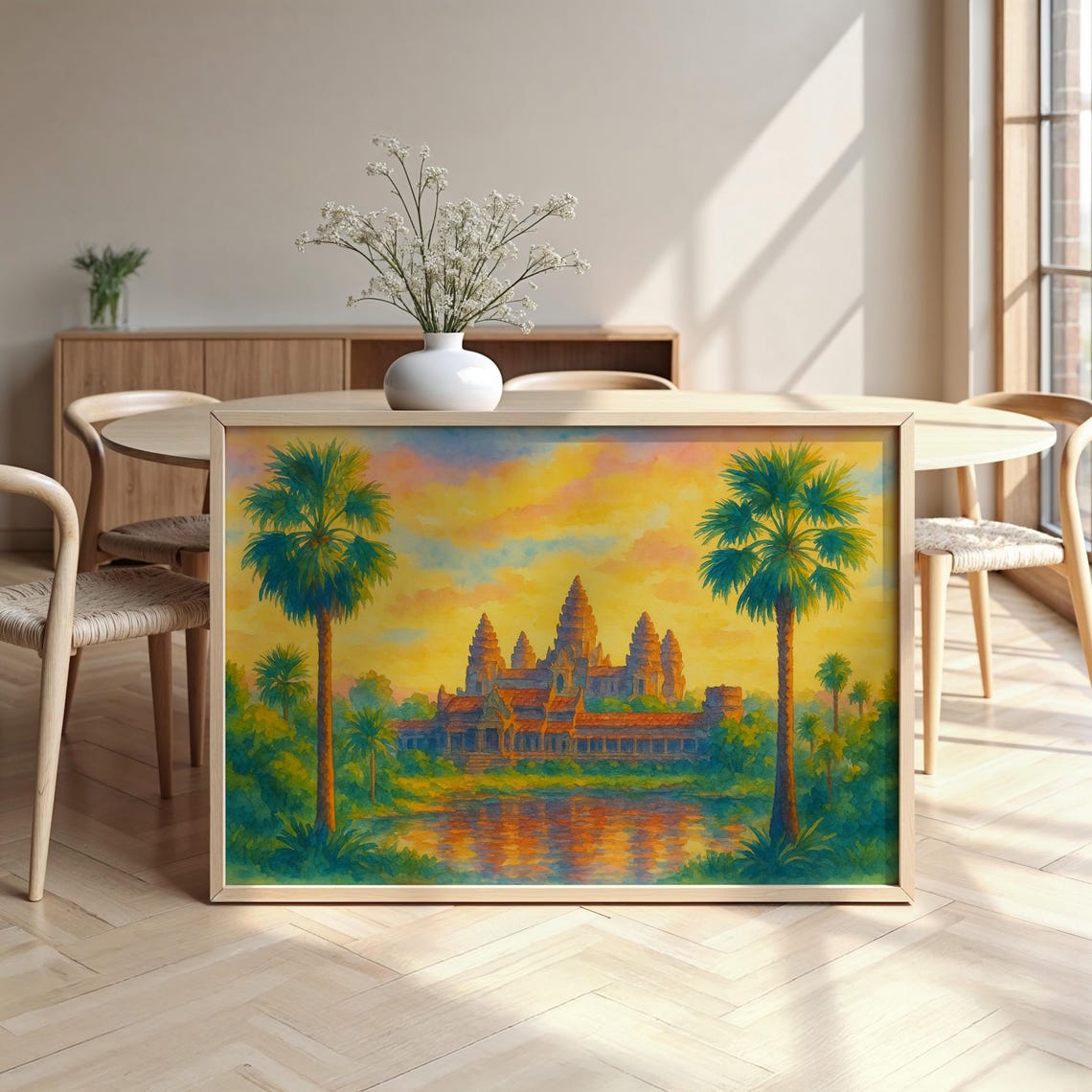 Angkor Wat Temple Sunset Watercolor Poster with Palm Trees and Glow