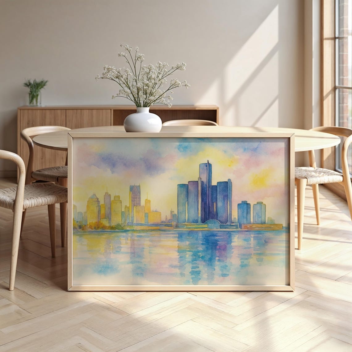 Detroit Skyline Watercolor Pastel Cityscape River Reflection Art Print