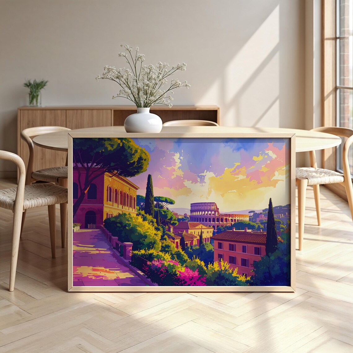 Rome Watercolor Poster Colosseum Sunset Cityscape Cypress Trees View Art
