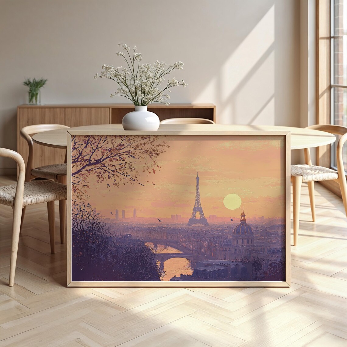 Paris Eiffel Tower Sunset Watercolor Seine River Romantic Travel Poster