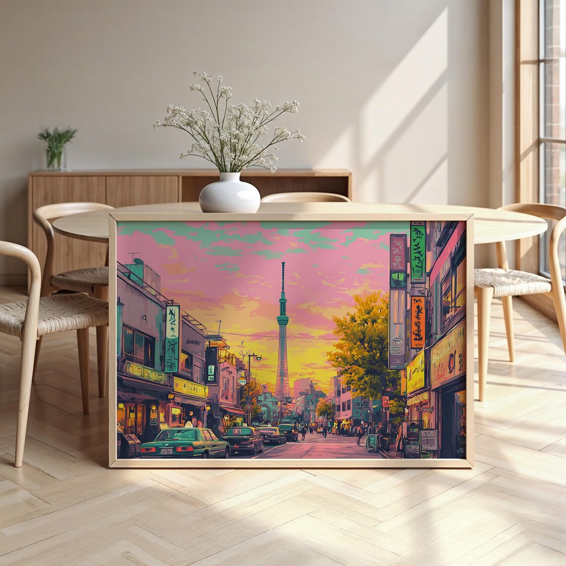 Tokyo Skytree Sunset Street Scene Neon Signs Colorful Cityscape Poster