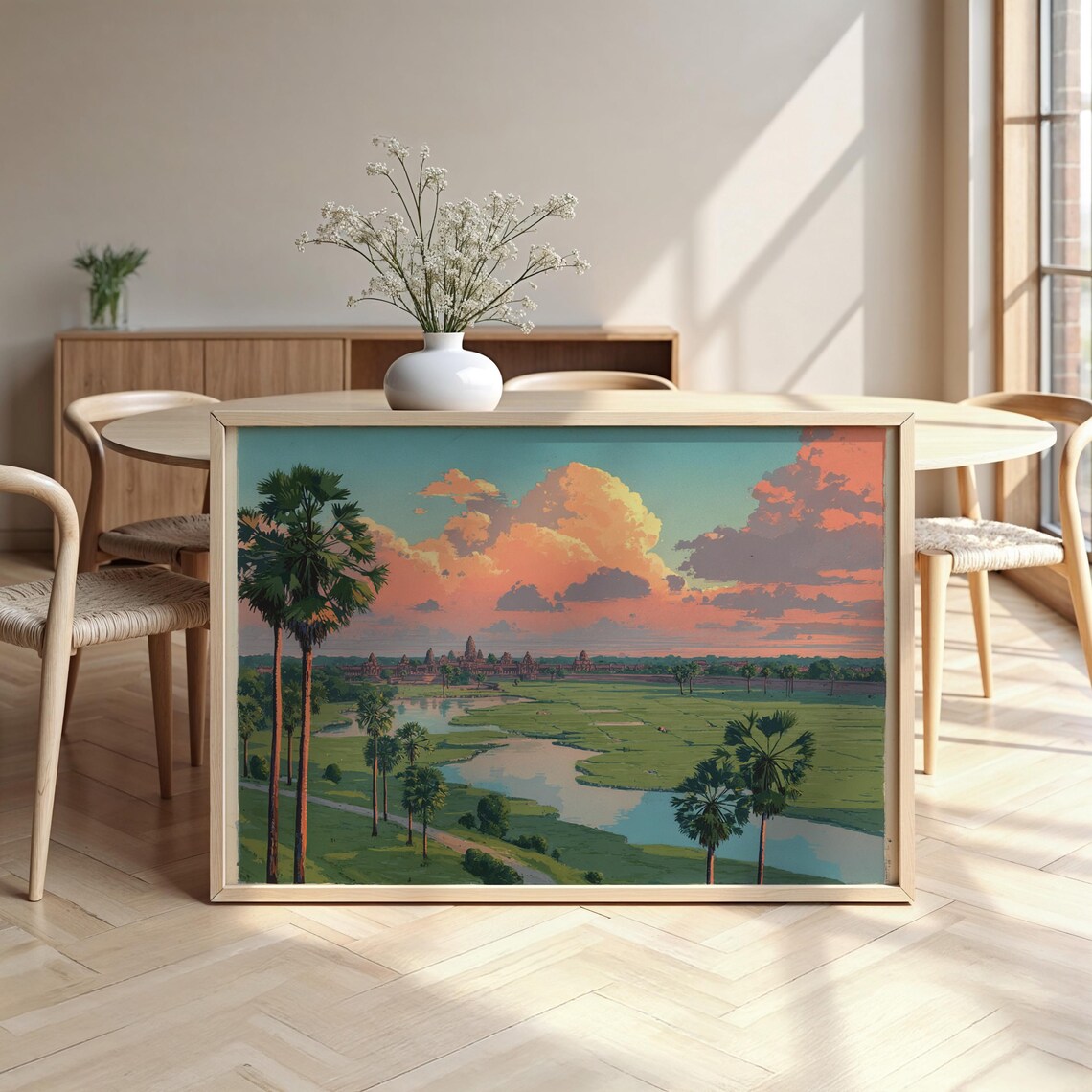 Angkor Wat Cambodia Sunset Watercolor Palm Temple Tropical Art Poster