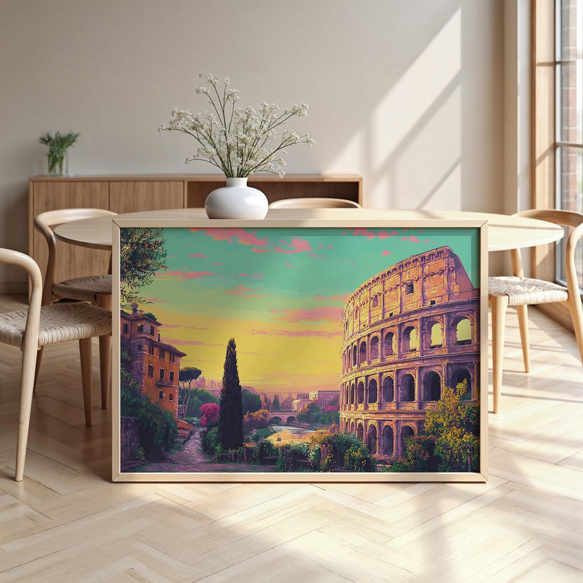Rome Colosseum Italy Sunset Watercolor Ancient Landmark City Poster