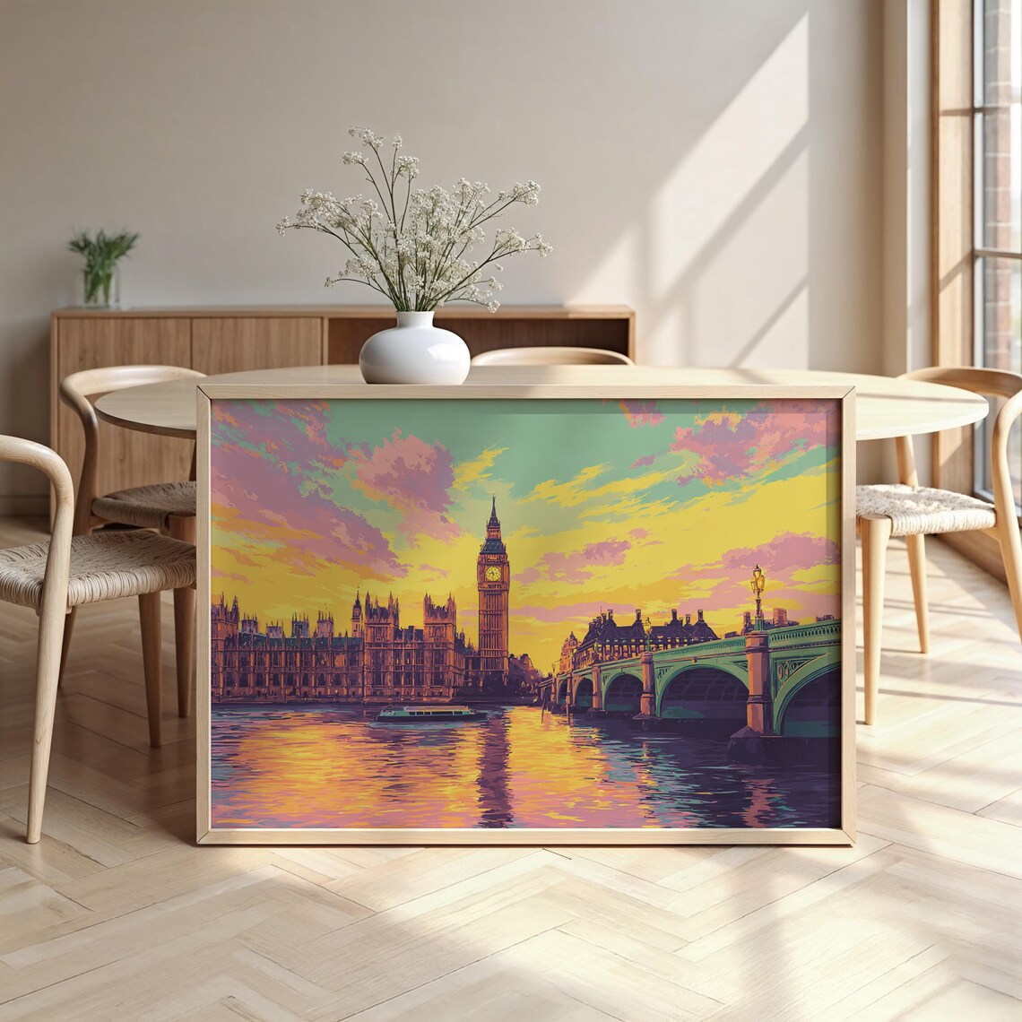 London Sunset Watercolor Poster Big Ben Westminster Bridge Golden Sky Art