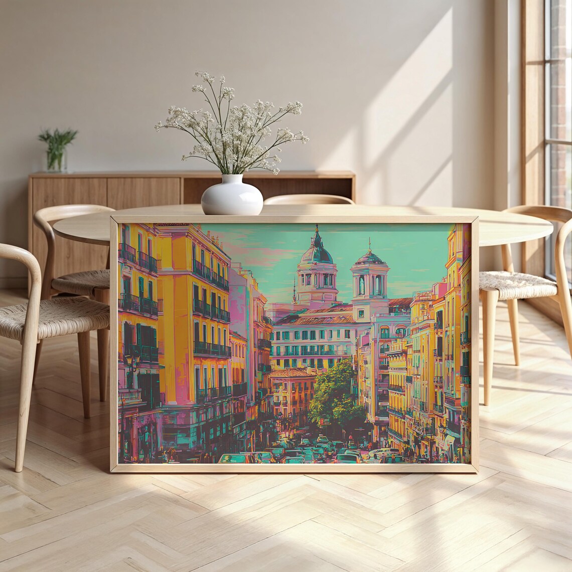 Madrid Colorful Watercolor Street Scene Domed Church Cityscape Poster