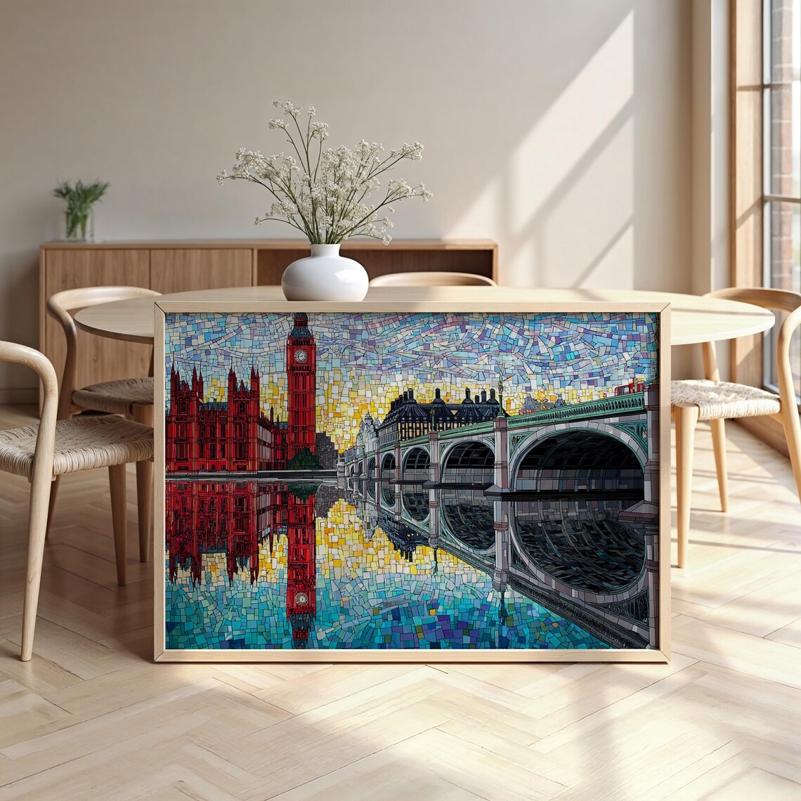London Mosaic Big Ben Parliament Bridge Colorful Framed Poster