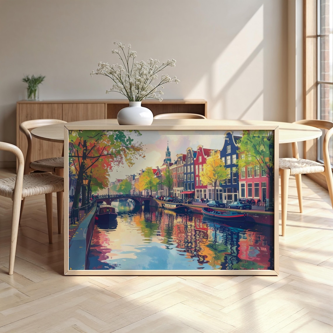 Amsterdam Watercolor Canal Cityscape Colorful Canal Houses Framed Poster