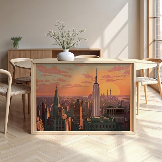 Vintage New York Cityscape Poster Wooden Framed Travel Wall Art