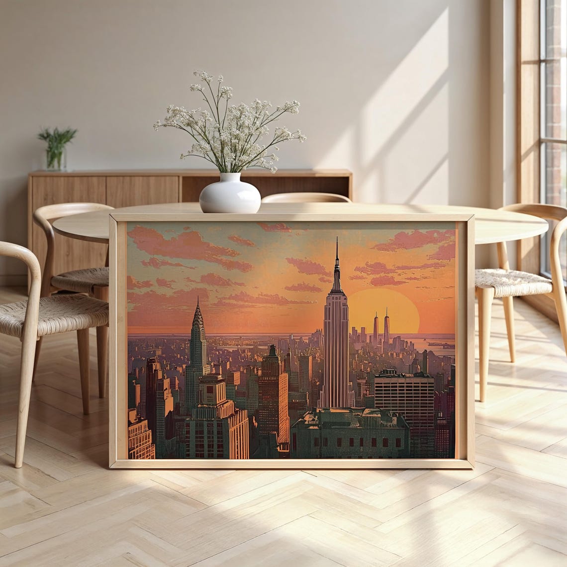 Vintage New York Cityscape Empire State Sunset Retro Travel Poster